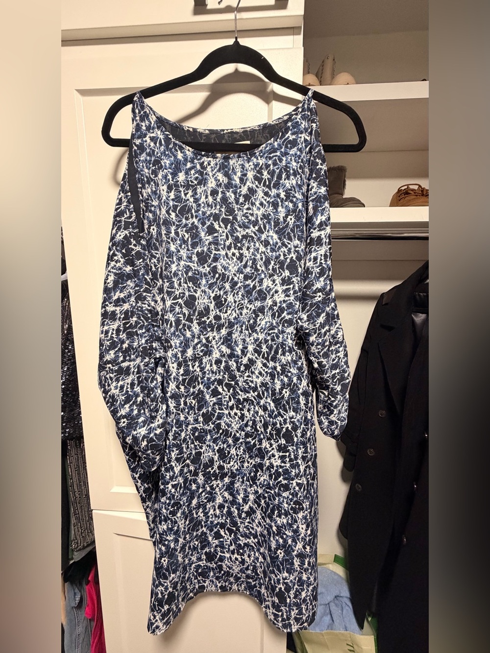MICHAEL Michael Kors Navy and White Long Sleeve Printed Shift Dress